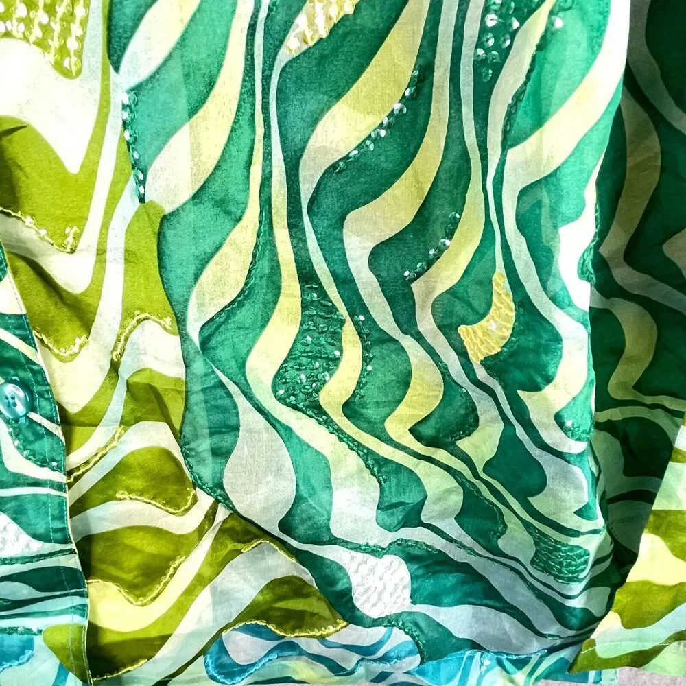 New Diane Gilman Silk Tunic Blouse Womens Med Button Front Sequins Green Blue - Picture 4 of 14